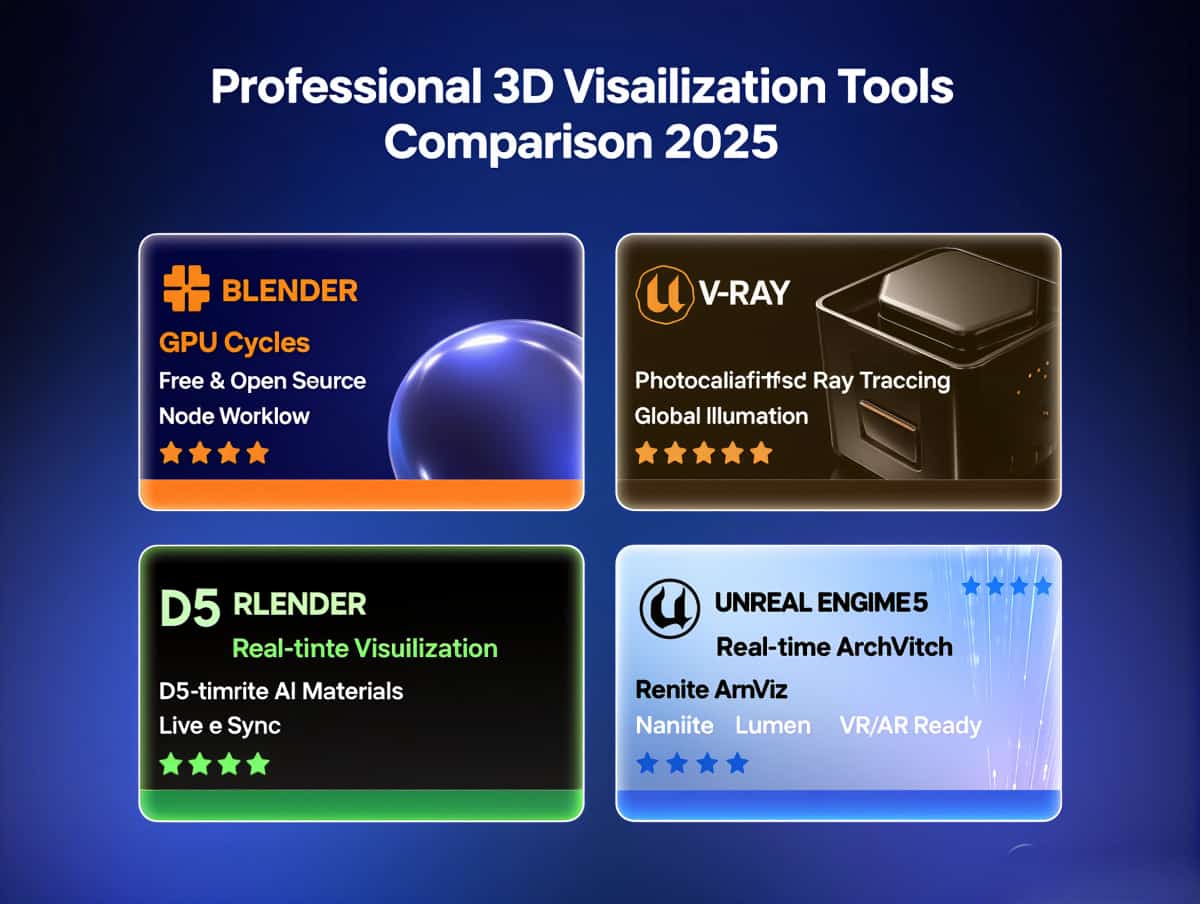 Professional 3D visualization software tools comparison 2025 featuring Blender Cycles GPU renderer, V-Ray photorealistic ray tracing engine, D5 Render real-time visualization platform and Unreal Engine 5 for architectural visualization workflow