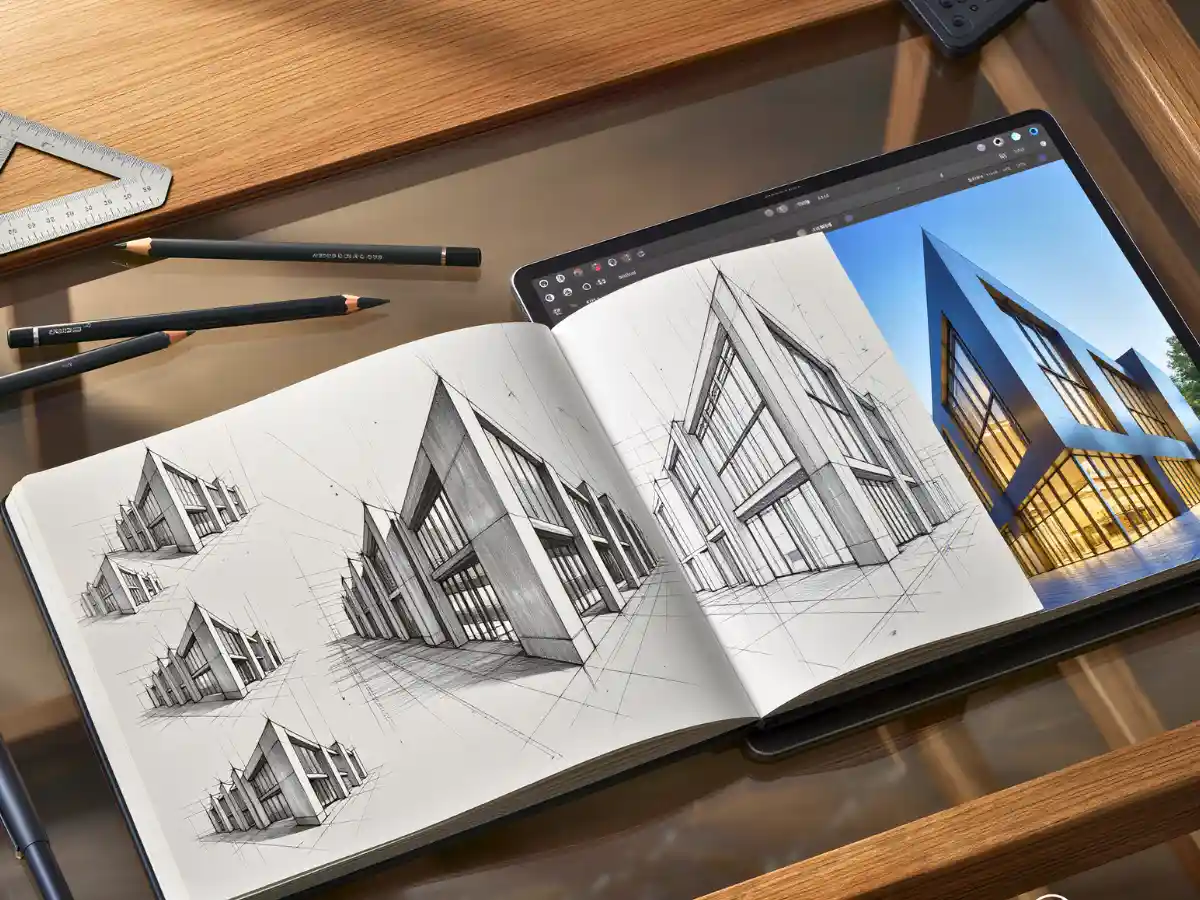 Architect sketch evolution from rough pencil concept to refined digital presentation showing 4-stage workflow 2025